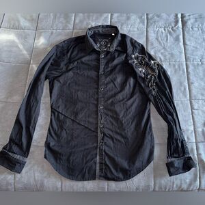 Guess Black Dress Shirt with Embroidery on sleeve and back Size Large Mens Y2K